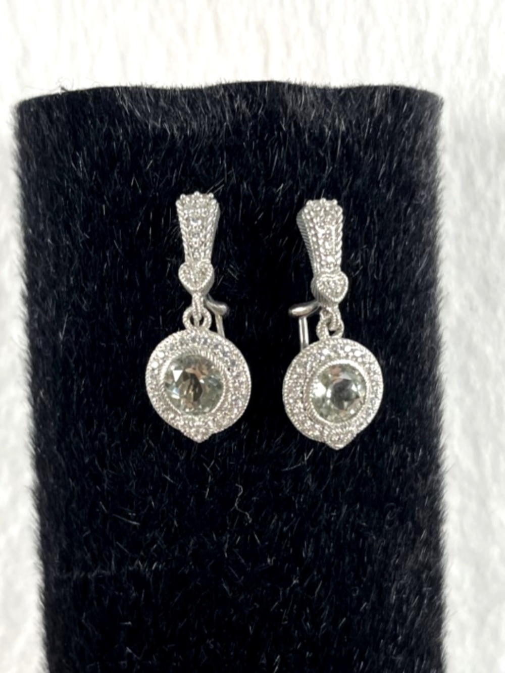 Judith Ripka Sterling Silver 925 Prasiolite & CZ Round Halo Dangle Earrings